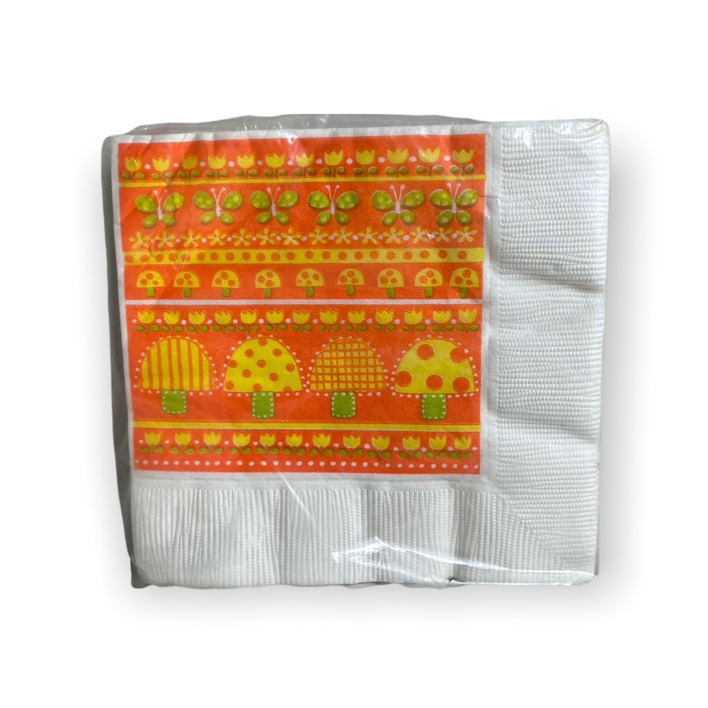 New In Package Ambassador Napkins Orange Green Yellow Mushroom Print 20